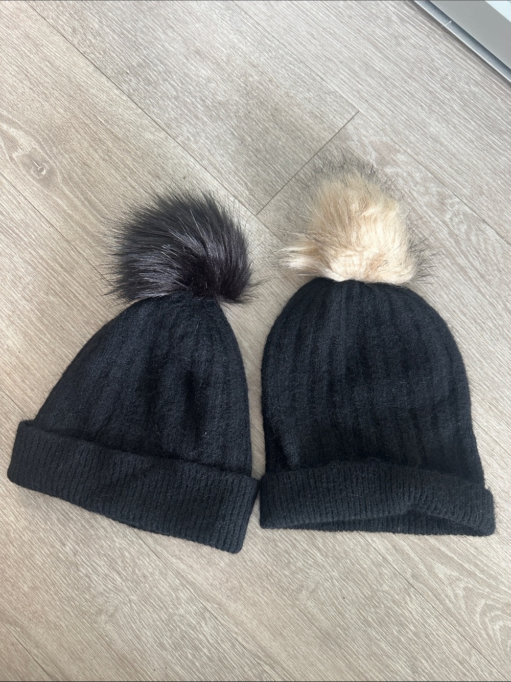 Aritzia Beanie Hat - Faux Fur Pom. Preowned. Set of 2